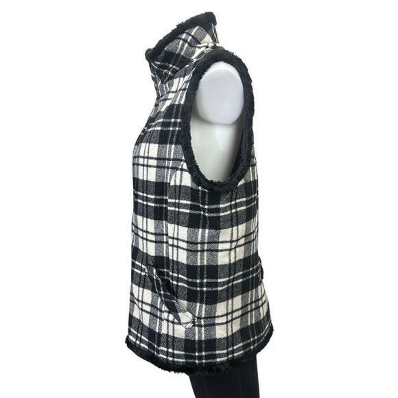 Woolrich Vintage Moccasin Plaid Wool Vest Faux Fur Lining‎ Black & White Large - Picture 3 of 10